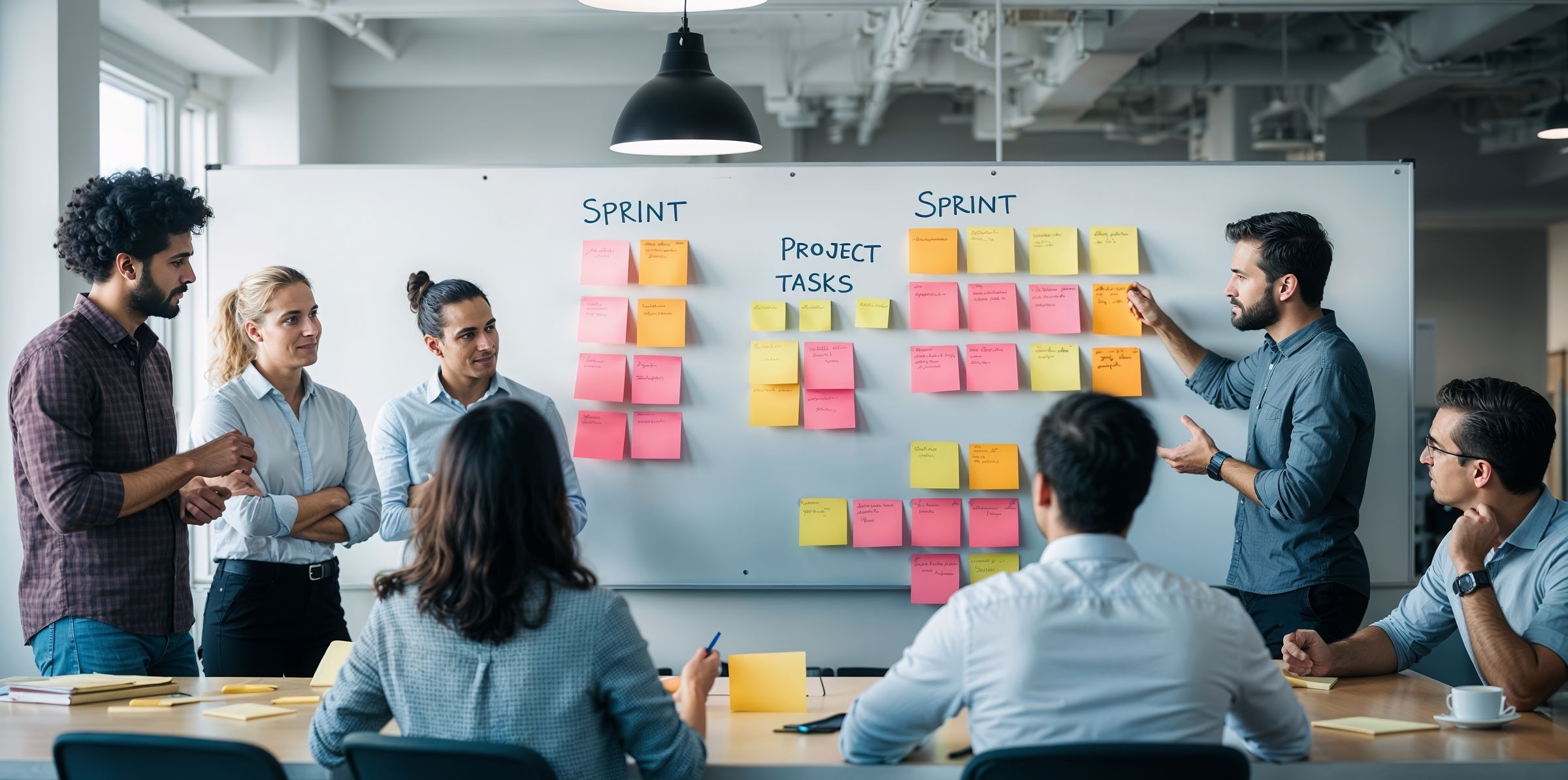 An agile team reviewing sprint and project tasks on a whiteboard